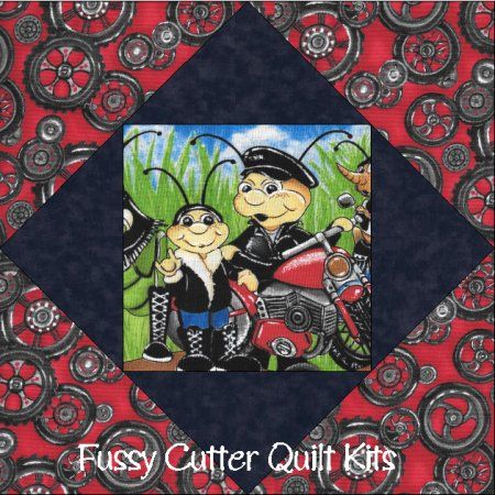 Biker Bugz Ladybugs Insect Motorcycle Fabric Easy Pre-Cut Quilt Blocks Kit Squares