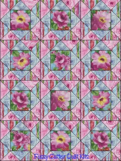 Pink Blue Roses Flowers Floral Bouquet Impressions Fabric Easy Pre-Cut Quilt Blocks Top Kit Pink Blue Roses Flowers Floral Bouquet Impressions Fabric Easy Pre-Cut Quilt Blocks Top Kit