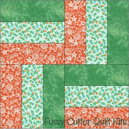 Calico Green Orange Blue Floral Fabric Easy Pre-Cut Rail Fence Quilt Blocks Kit