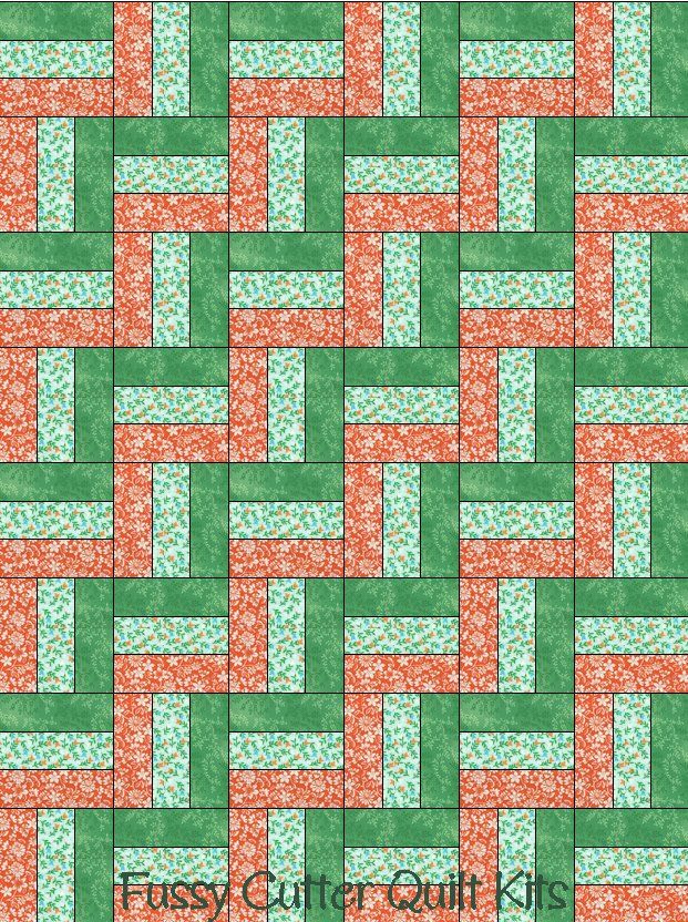 Country Calico Green Orange Blue Floral Flower Fabric Fast Easy Beginner Patchwork Pre-Cut Precut Rail Fence Quilt Blocks Top Kit Quilting Squares