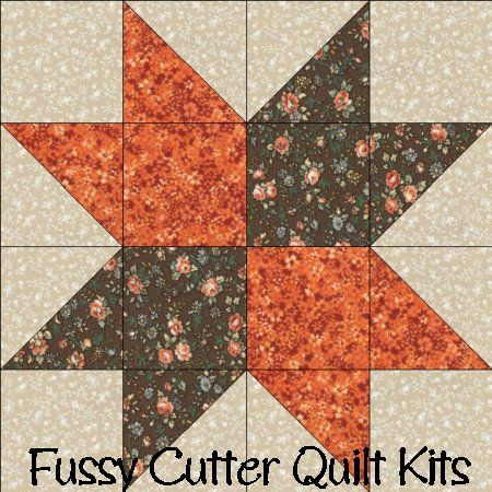 Brown Orange Calico Floral Fabric Easy Pre-Cut Star Quilt Blocks Kit