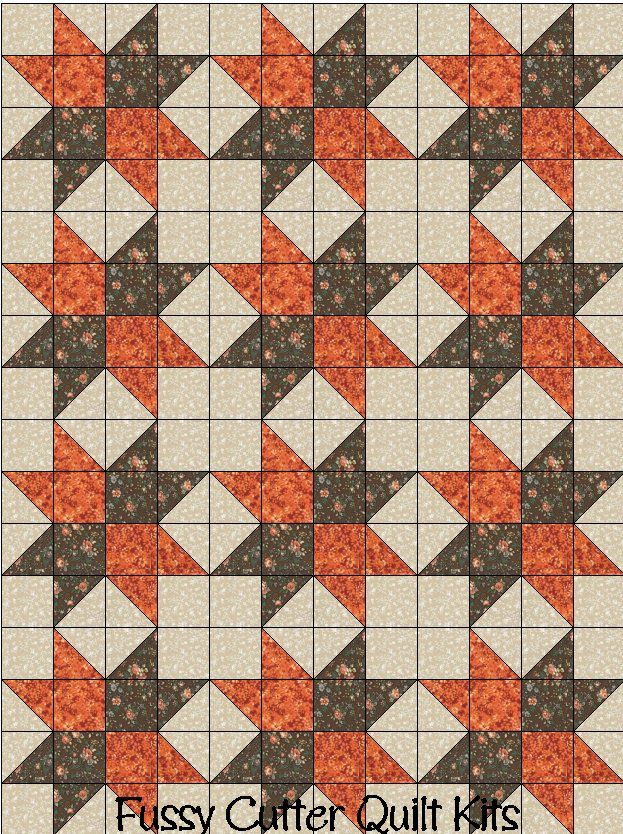 Brown Orange Calico Floral Flowers Fabric Fast Easy Beginner Patchwork Pre-Cut Star Quilt Blocks Top Kit Quilting Squares