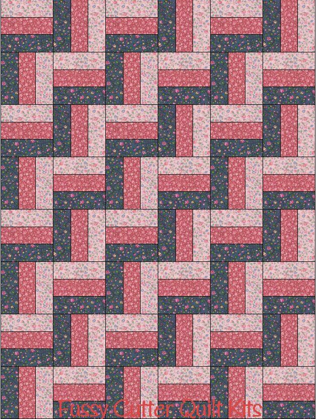 Calico Pink Roses Country Blue Floral Flowers Fabric Fast Easy Beginner Patchwork Pre-Cut Rail Quilt Blocks Top Kit Quilting Squares