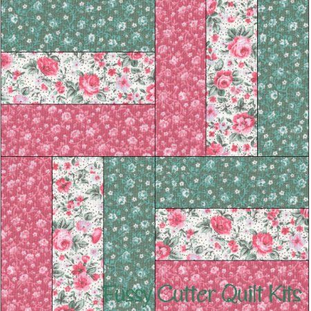 Shabby Chic Roses Mauve Pink Sage Floral Fabric Easy Pre-Cut Rail Quilt Blocks Kit