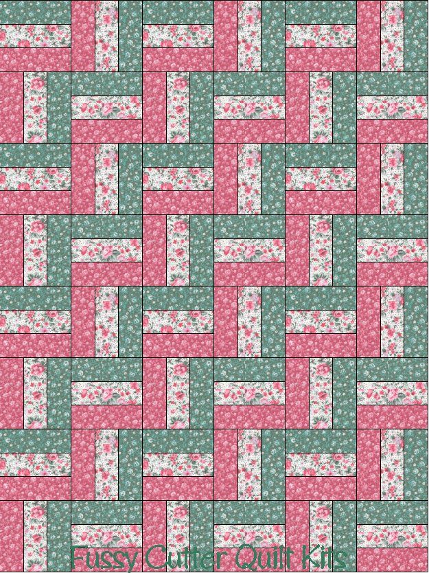 Shabby Chic Roses Mauve Pink Sage Floral Flower Calico Fabric Fast Easy Beginner Patchwork Pre-Cut Precut Rail Fence Quilt Blocks Top Kit Quilting Squares