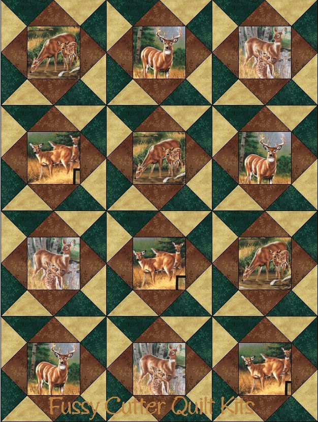 Deer Bucks Does Woods Hunting Wilderness Fabric Fast Easy Beginner Pre-Cut Precut Quilt Blocks Top Kit Quilting Squares