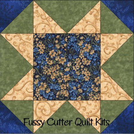 Gold Blue Sage Floral Flowers Fabric Easy Pre-Cut Star Quilt Blocks Kit