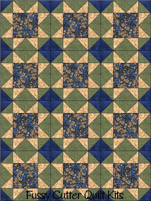 Gold Blue Sage Floral Flowers Fabric Fast Easy Beginner Patchwork Pre-Cut Star Quilt Blocks Top Kit Quilting Squares