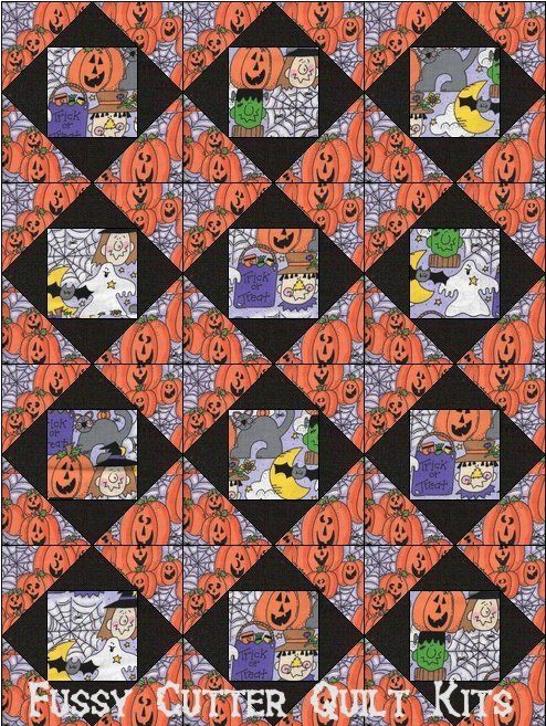 Halloween Pumpkins Witch Ghost Cat Bat Frankenstein Spiders Web Trick or Treat Fast Easy Beginner Patchwork Pattern Pre-Cut Quilt Blocks Top Kit Quilting Squares Sale