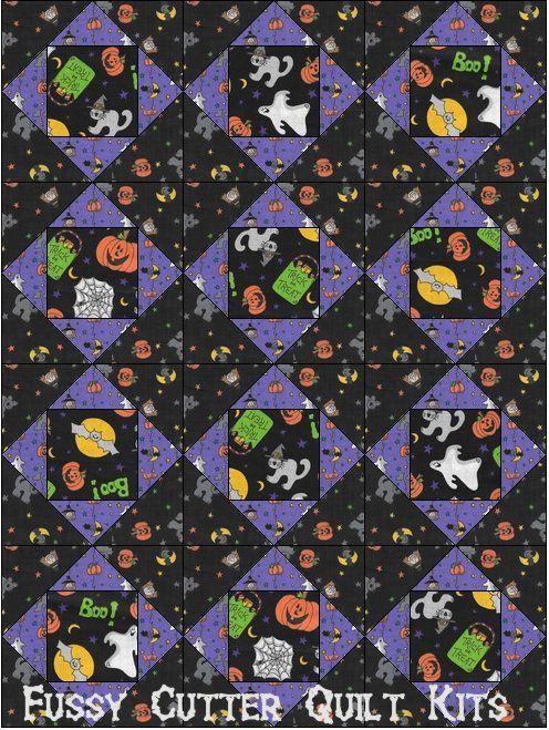 Halloween Ghost Pumpkin Boo Cat Spider Web Bat Fabric Fast Easy Beginner Patchwork Pattern Pre-Cut Quilt Blocks Top Kit Quilting Squares Sale