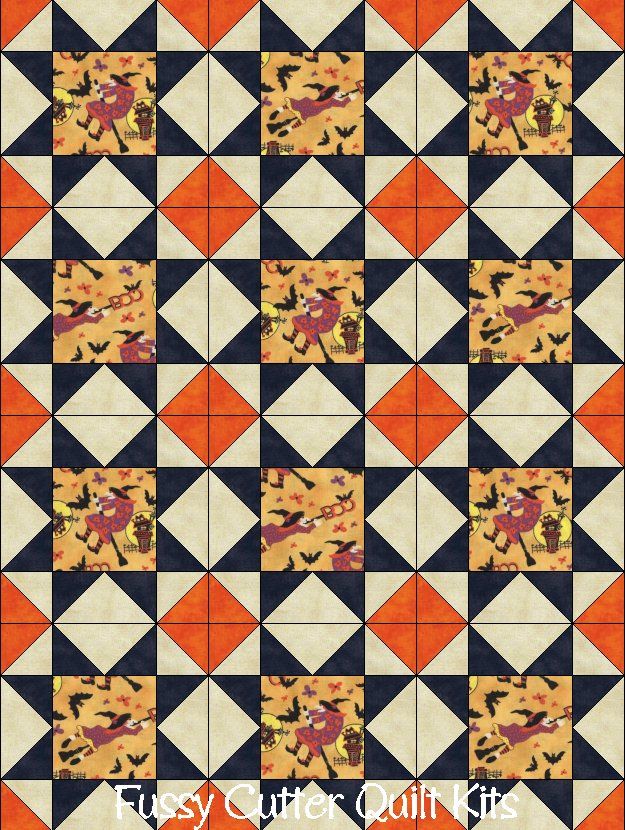 Halloween Witches Bats Moon Boo Haunted House Fabric Fast Easy Beginner Patchwork Pre-Cut PreCut Quilt Blocks Top Kit Quilting Squares