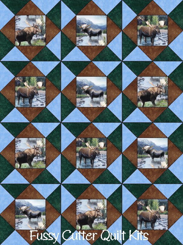 Moose Elk Lake Massepequa Scenic Nature Wilderness Hunting Fabric Fast Easy Beginner Pre-Cut Precut Quilt Blocks Top Kit Quilting Squares
