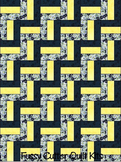 Navy Yellow Flowers Floral Fabric Fast Easy Beginner Patchwork Pre-Cut Rail Fence Quilt Blocks Top Kit Quilting Squares Pieces Sale