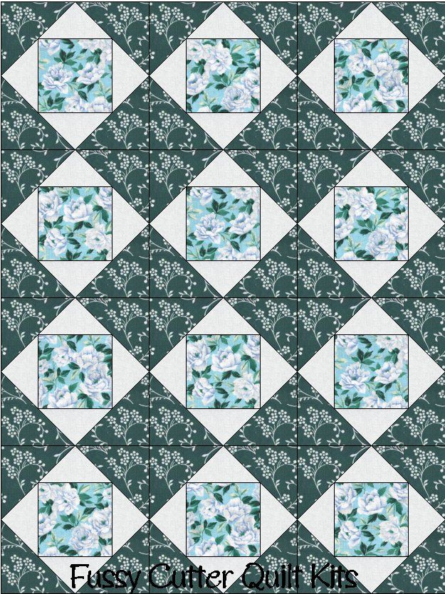 Ozark Calico White Roses Teal Blue Green Floral Flowers Fabric Fast Easy Beginner Pre-Cut Precut Quilt Blocks Top Kit Quilting Squares