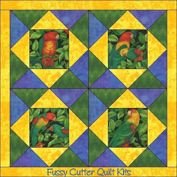 Tropical Parrots Bird Jungle Fabric Easy Pre-Cut Quilt Blocks Wall Hanging Kit