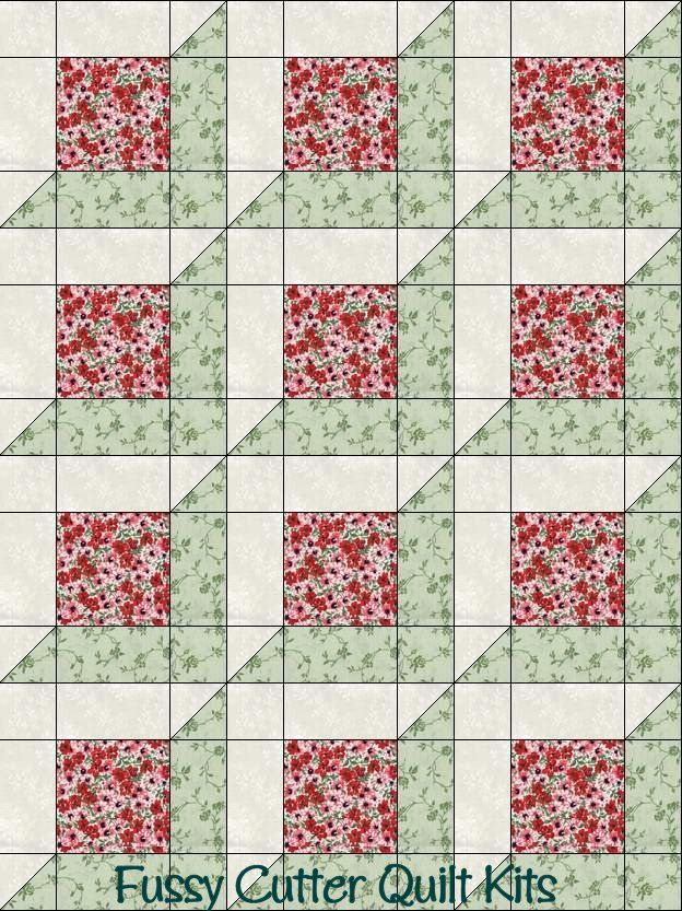 Red Sage Green Flowers Floral Fabric Fast Easy Beginner Patchwork Pre-Cut Attic Window Quilt Blocks Top Kit Quilting Squares Pieces Sale