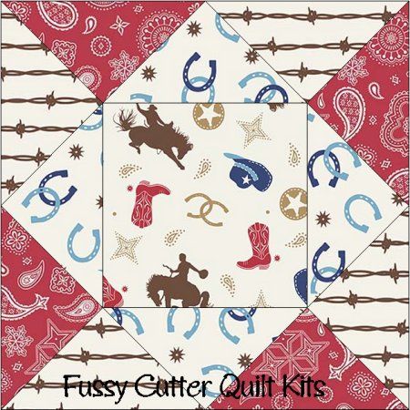 Western Cowboy Horse Red Blue Brown Fabric Easy Pre-Cut Quilt Blocks Kit