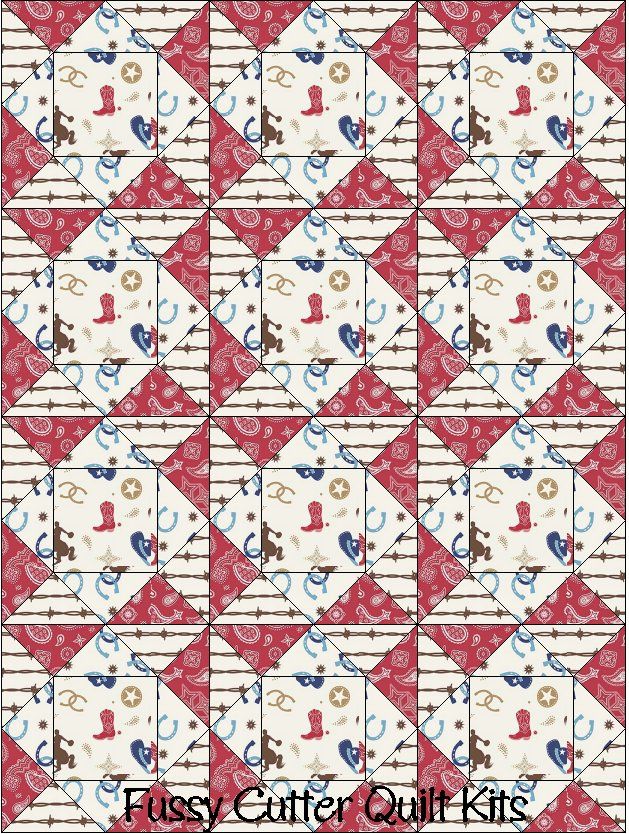 Red Blue Brown Cream Cowboy Horse Bronco Rodeo Western Fabric Fast Easy Beginner Pre-Cut Quilt Blocks Top Kit Quilting Squares Pieces Patchwork