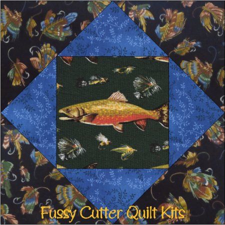 River Trout Fly Lures Fish Fishing Fabric Easy Pre-Cut Quilt Blocks Kit