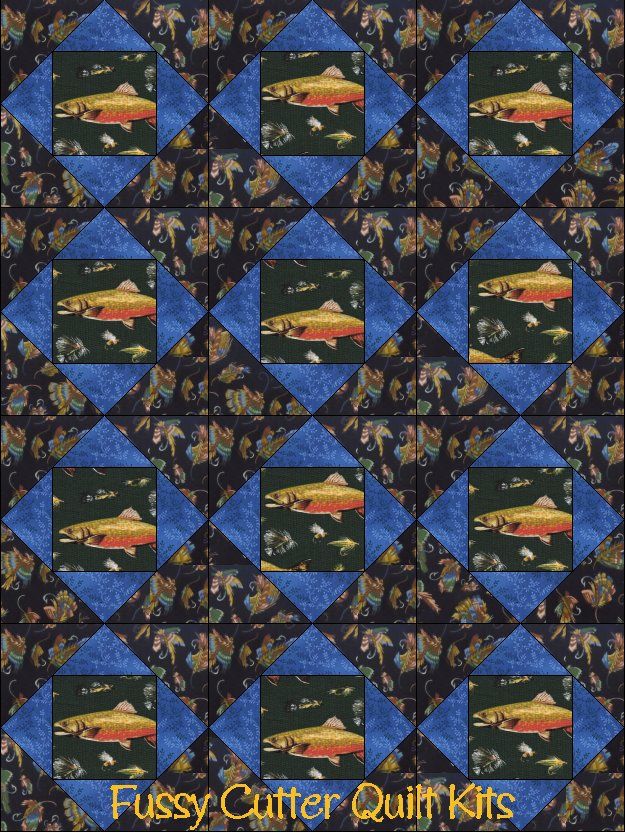 River Trout Fly Lures Fish Fishing Angler Outdoorsman Fabric Fast Easy Beginner Patchwork Pre-Cut Precut Quilt Blocks Top Kit Quilting Squares