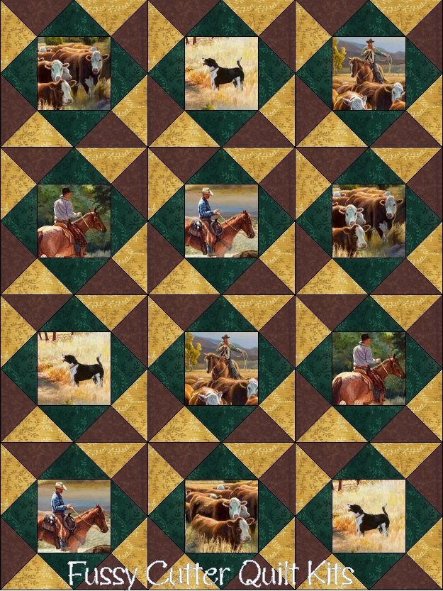 Southwestern Wild West Country Cowboys Horses Cattle Cow Dog Fabric Fast Easy Beginner Pre-Cut Precut Patchwork Quilt Blocks Top Kit Quilting Squares