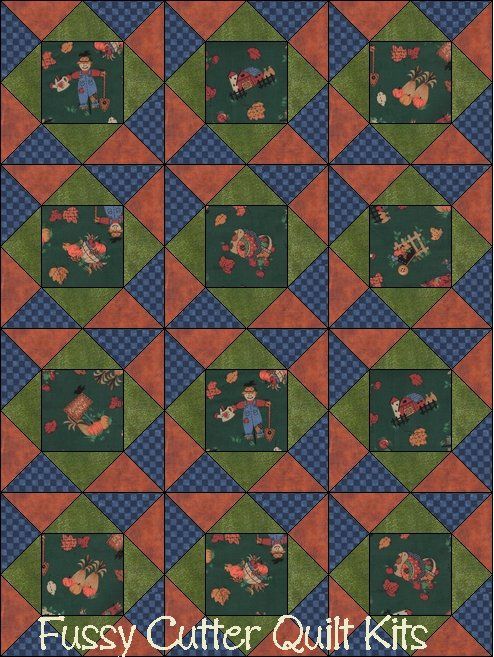 Scarecrows Pumpkins Turkey Country Prim Farm Autumn Fall Fabric Fast Easy Make Pre-Cut Quilt Blocks Top Kit Quilting Squares Pieces Material for sale