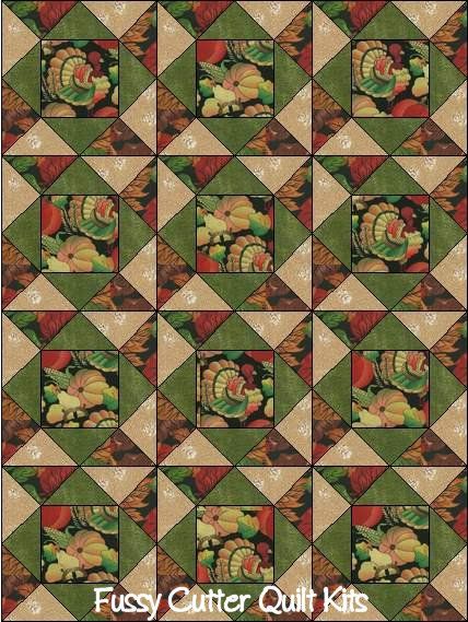 Thanksgiving Turkey Pumpkins Squash Corn Autumn Fall Fabric Easy Pre-Cut Quilt Blocks Top Squares Kit