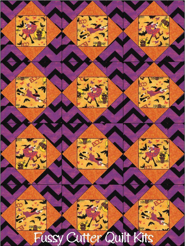 Haunted House Halloween Witch Bats Fabric Fast Easy Beginner Patchwork Pre-Cut Precut Quilt Blocks Top Kit Quilting Squares