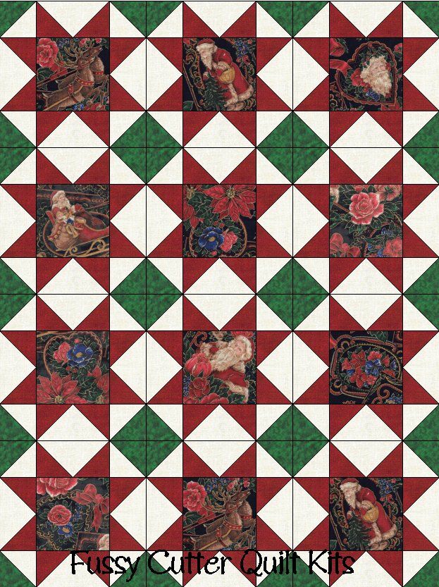 Vintage Santa Claus Reindeer Roses Christmas Floral Flowers Holiday Fabric Easy Fast Beginner Pre-Cut precut Quilt Blocks Top Kit Quilting Squares