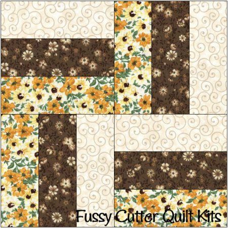 Yellow Brown Flowers Floral Fabric Easy Beginner Rail Fence Pre-Cut Quilt Blocks Kit