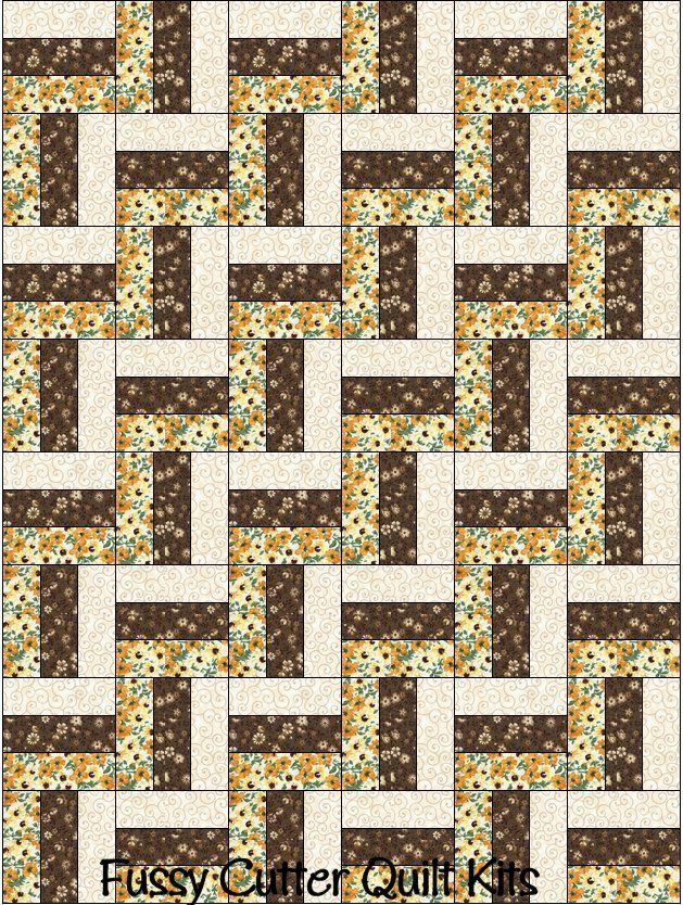 Yellow Brown Flowers Floral Fabric Fast Easy Beginner Rail Fence Pre-Cut Quilt Blocks Top Kit Quilting Squares Pieces Material Sale